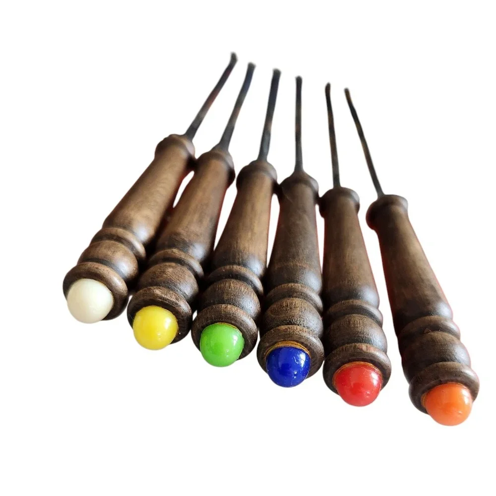 Vintage Set of 6 Fondue Forks Japan Stainless Steel Teak Wood MCM Colored‎ Tips